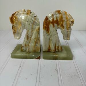 Vintage MCM horse greenish marble bookends